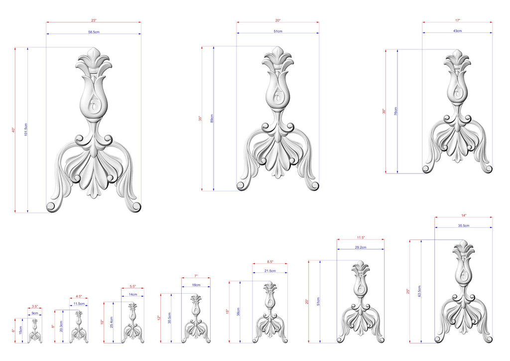 a collection of three white sculptures with intricate designs, each accompanied by detailed measurements in millimeters. The sculptures vary in size, ranging from small to large, and are arranged in a grid-like pattern. The measurements provide a clear visual representation of the sculptures' dimensions, allowing for a better understanding of their scale and design.
