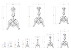a collection of three white sculptures with intricate designs, each accompanied by detailed measurements in millimeters. The sculptures vary in size, ranging from small to large, and are arranged in a grid-like pattern. The measurements provide a clear visual representation of the sculptures' dimensions, allowing for a better understanding of their scale and design.