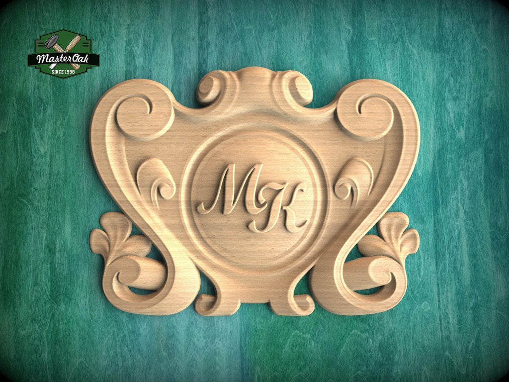 Personalized Carved Onlay, Central Wooden Cartouche for Luxury Decor, 1 pc, Unpainted, Home Wall Embellishments, wooden trims