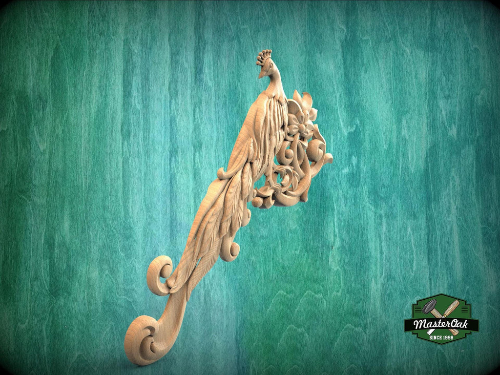 Peacock in Bloom Wood Carving – Elegant Corner Decor Element, 1 pc, Unpainted, Home Wall Embellishments, Furniture Carving, Wood Onlays
