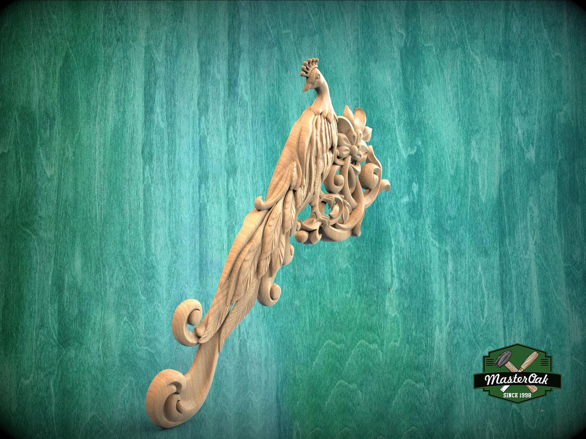 Peacock in Bloom Wood Carving – Elegant Corner Decor Element, 1 pc, Unpainted, Home Wall Embellishments, Furniture Carving, Wood Onlays
