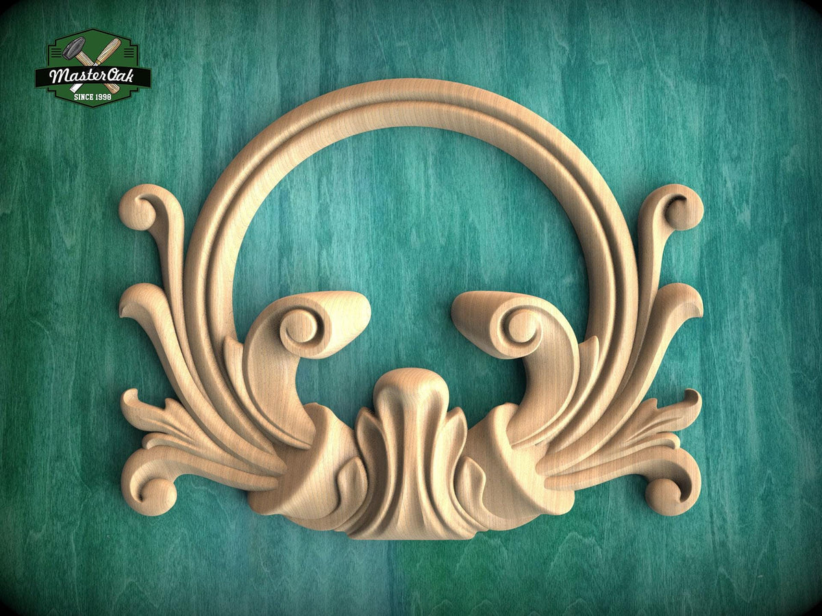 Rococo Natural Wood Onlay with Circular Motif - Central Scroll and Circle Decor, 1 pc, Unpainted, Home Wall Embellishments, wooden trims