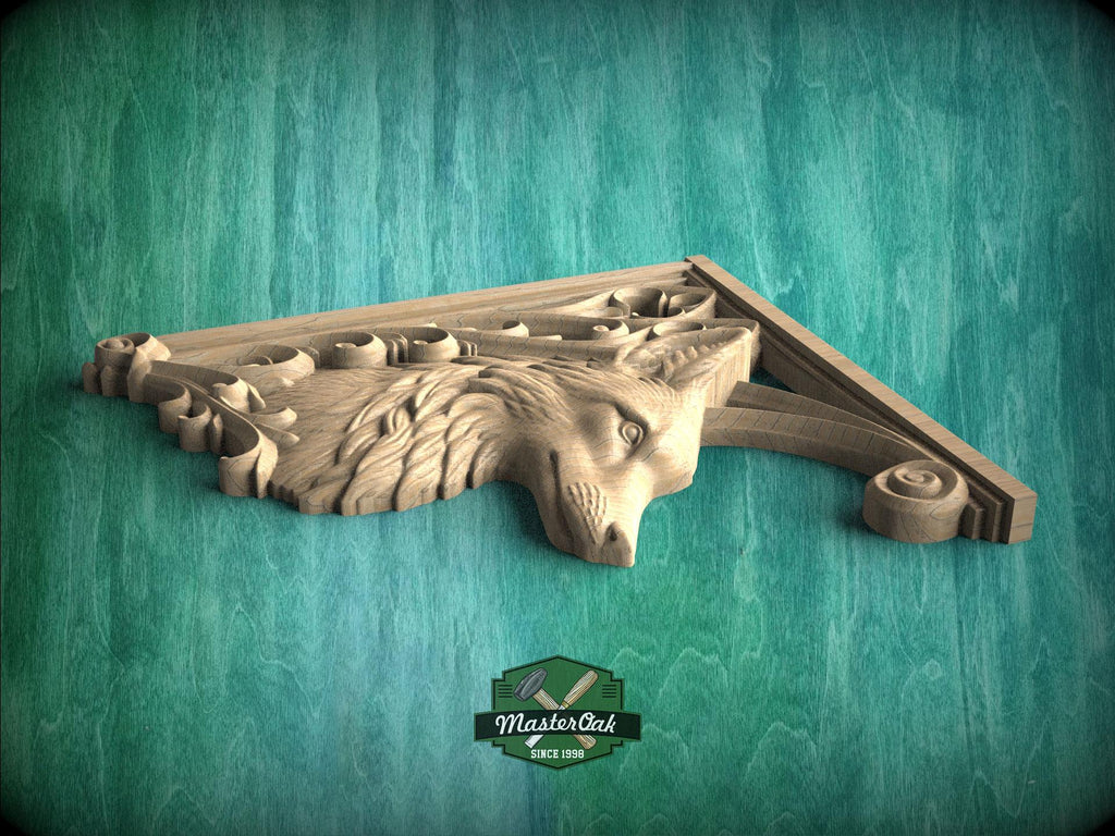 Carved Wood Fox Corner Onlays, Mirrored Pair with Gothic Scrollwork