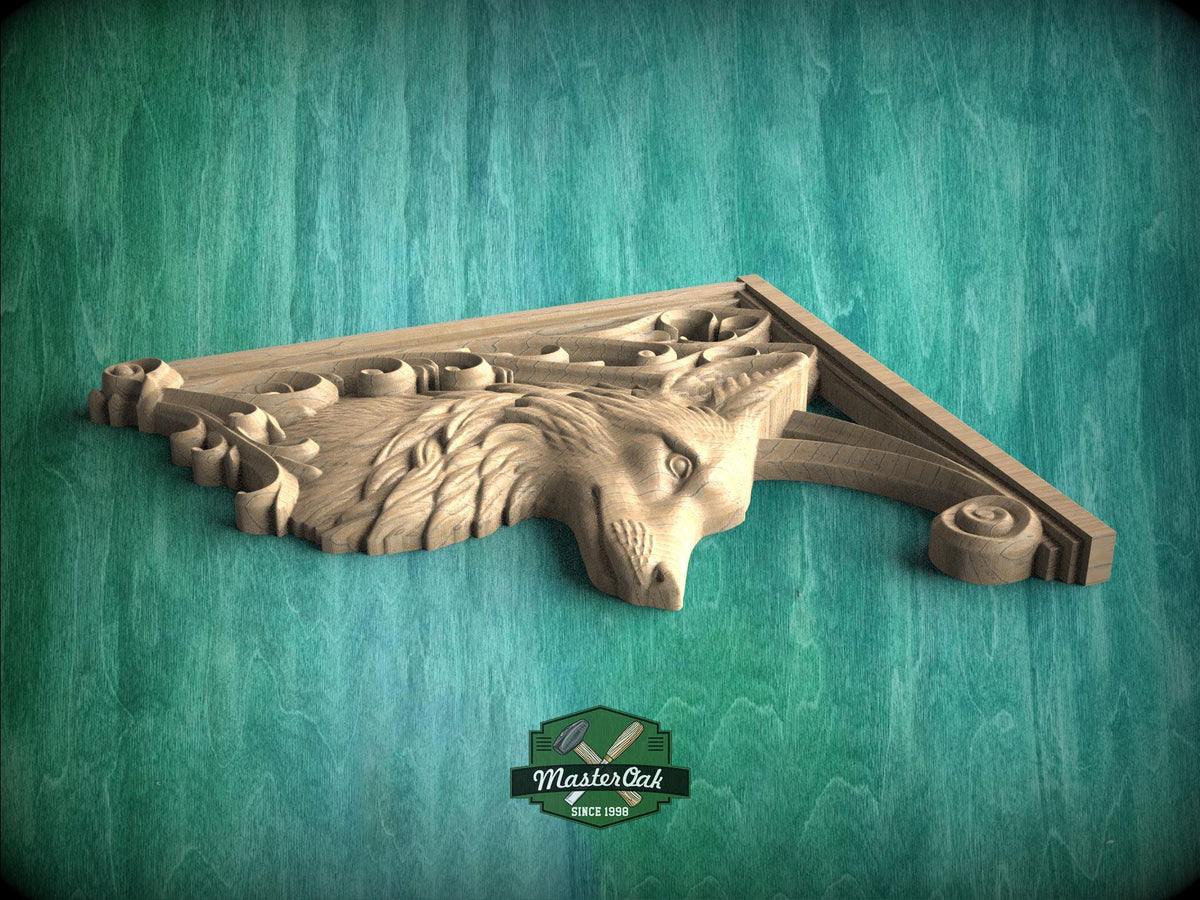 Carved Wood Fox Corner Onlays, Mirrored Pair with Gothic Scrollwork