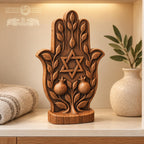 Hamsa Hand with Star of David, Solid Oak Sculpture with Pomegranates, Jewish Home Decor, Judaica Wedding and Housewarming Gift