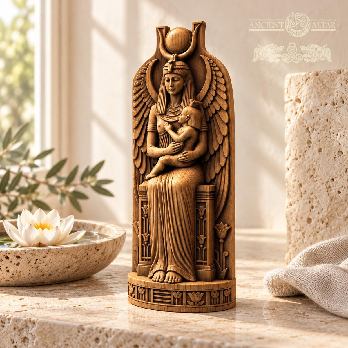 Isis and Horus Figurine, Egyptian Mother and Child Statue, Oak Wood Altar Decor, Seated Goddess Sculpture, Kemetic Gift