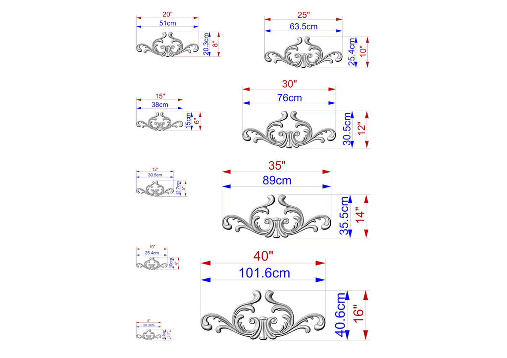 a series of images depicting various sizes of ornamental designs, each with its own set of measurements and scale. The images are arranged in a grid format, providing a visual representation of the different sizes and dimensions of the designs.