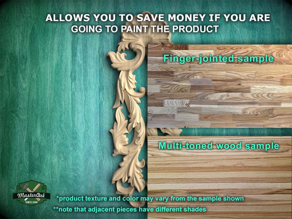 The image is a promotional image for a product, specifically a multi-toned wood sample. It features a wooden panel with a decorative design on the left side and a finger-jointed sample on the right side. The text on the image provides information about the product, including that it allows you to save money if you are going to paint the product, and that the product texture and color may vary from the sample shown. The image also mentions that adjacent pieces have different shades.