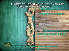 Load image into Gallery viewer, The image is a promotional image for a product, specifically a multi-toned wood sample. It features a wooden panel with a decorative design on the left side and a finger-jointed sample on the right side. The text on the image provides information about the product, including that it allows you to save money if you are going to paint the product, and that the product texture and color may vary from the sample shown. The image also mentions that adjacent pieces have different shades.

