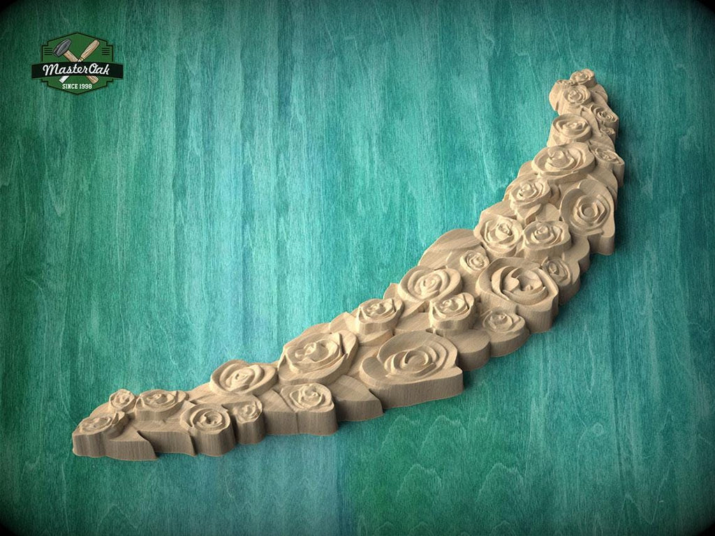 A wooden sculpture of a flower-like shape, with intricate details and a textured surface, set against a teal background.