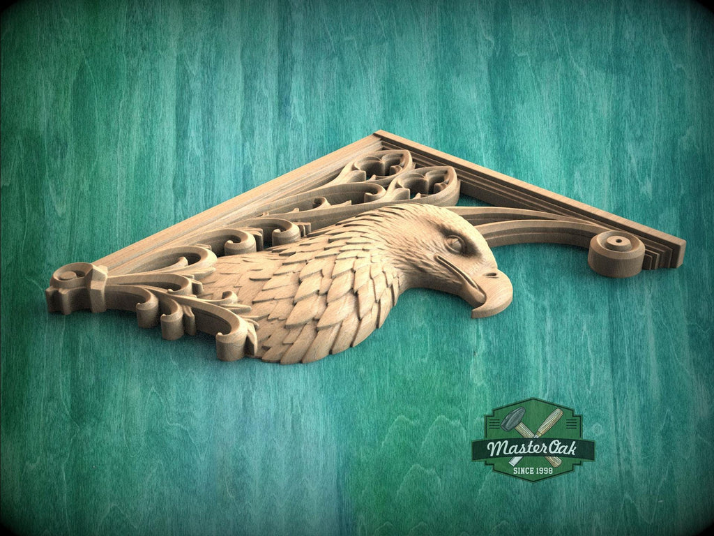 Carved Wood Eagle Corner Onlays, Mirrored Pair with Gothic Scrollwork