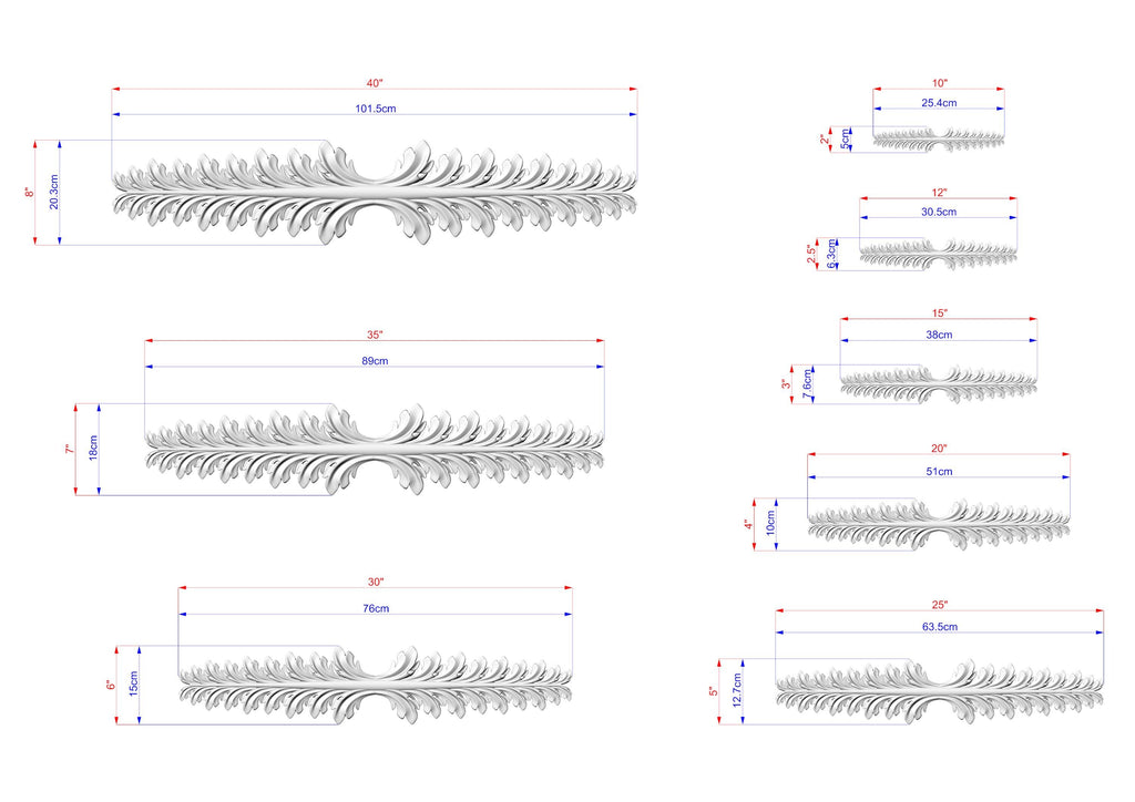 a collection of nine different designs or patterns, each with its own set of measurements and scale. The designs are presented in various sizes, ranging from small to large, and are arranged in a grid-like pattern. The image does not contain any text, and the descriptions provided are concise and avoid redundancy.