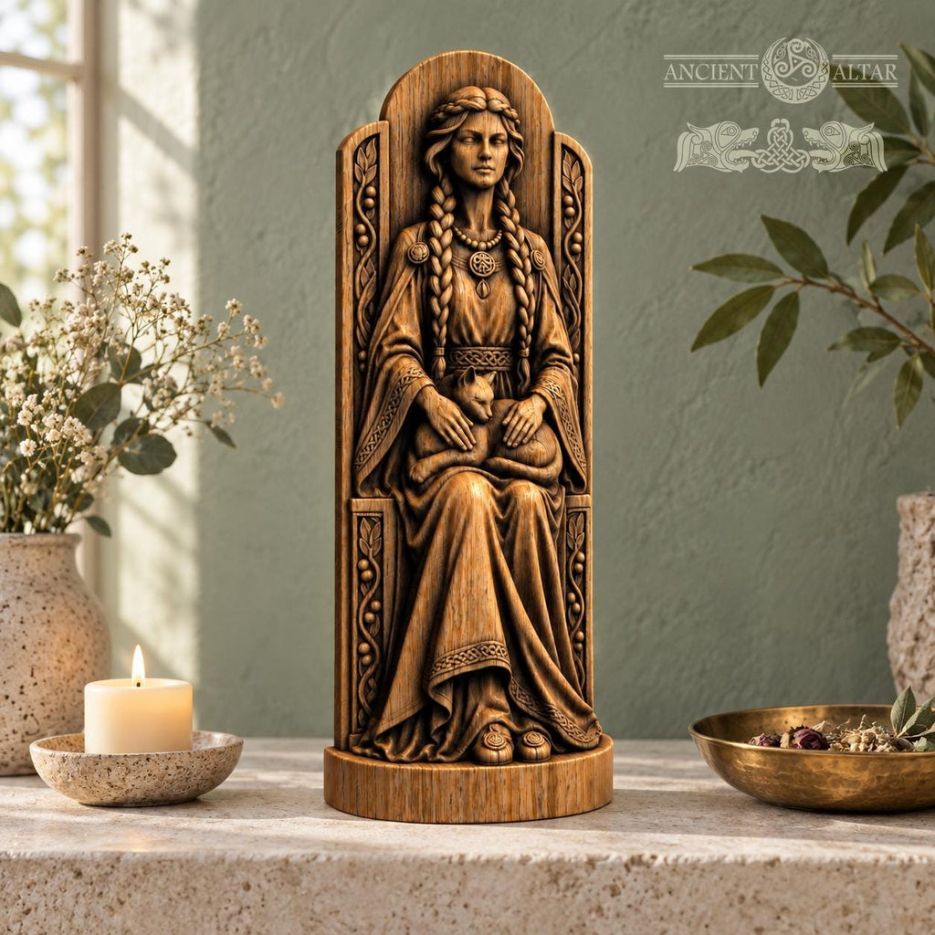 Freya Cat Altar Statue, Oak Norse Mythology Sculpture, Seated Scandinavian Goddess, Viking Witch Decor, Nordic Pagan Gift