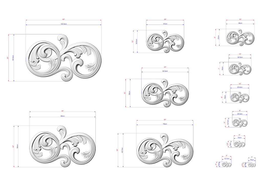 various sizes of ornamental designs, including swirls and curves, along with their corresponding dimensions. The designs are presented in different sizes, ranging from small to large, and are arranged in a grid format. The image does not contain any text or additional elements that would require a more detailed description.