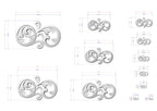 various sizes of ornamental designs, including swirls and curves, along with their corresponding dimensions. The designs are presented in different sizes, ranging from small to large, and are arranged in a grid format. The image does not contain any text or additional elements that would require a more detailed description.