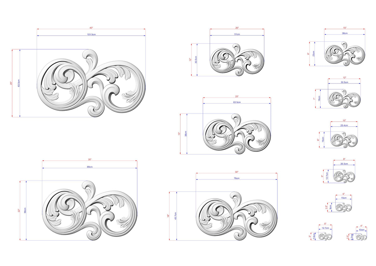 various sizes of ornamental designs, including swirls and curves, along with their corresponding dimensions. The designs are presented in different sizes, ranging from small to large, and are arranged in a grid format. The image does not contain any text or additional elements that would require a more detailed description.