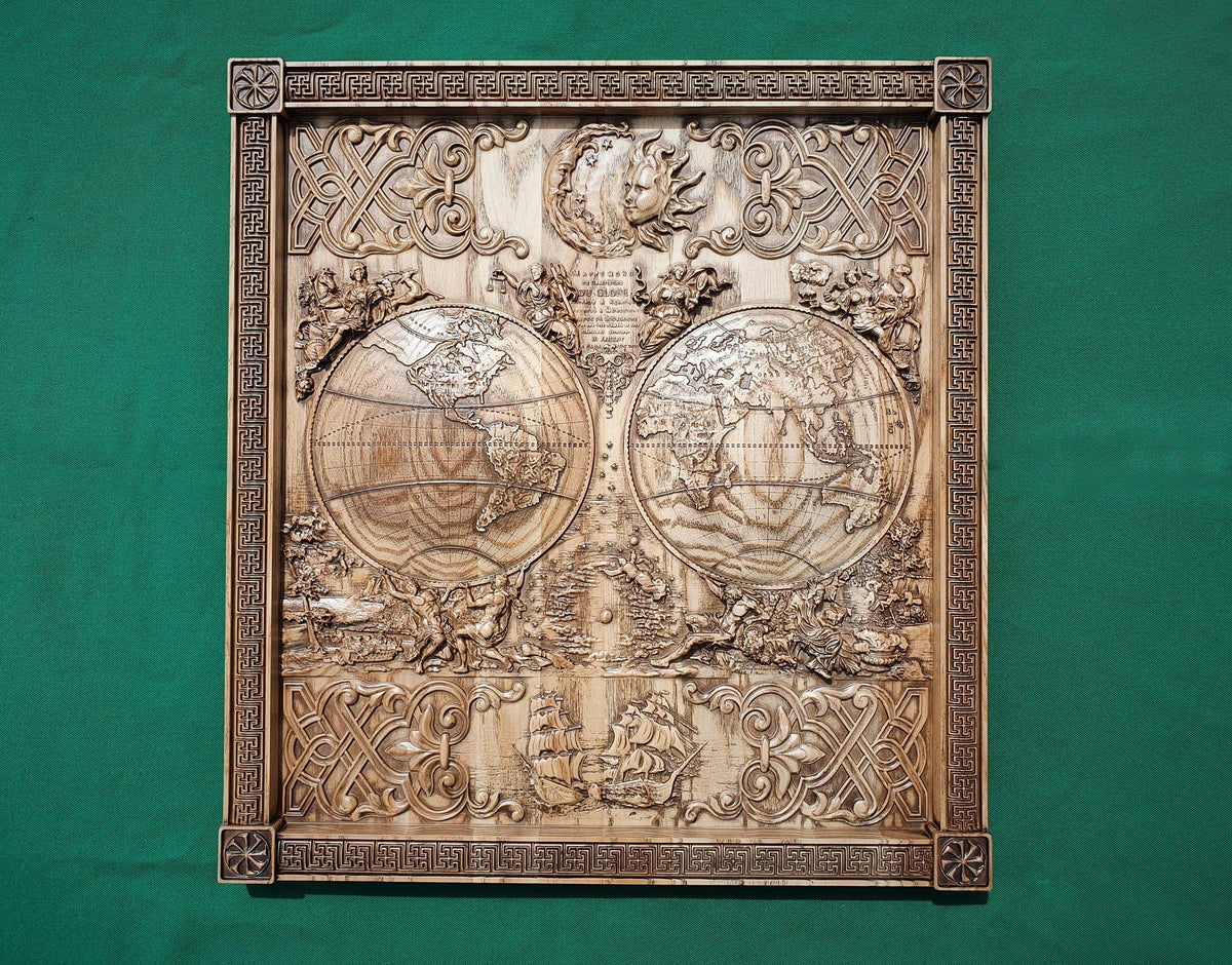 Antique map of the world made of wood, wood map wall art, carved map of wood, wall decor carving  - 19.7x18" / 50x46cm