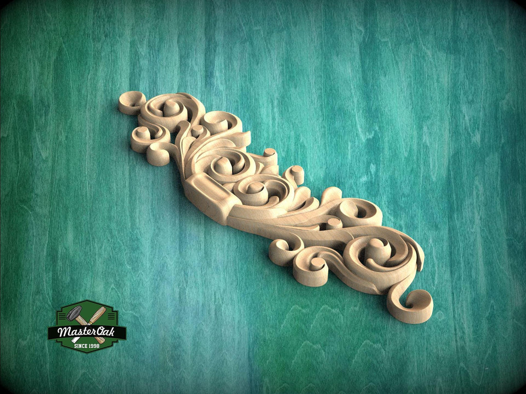 a wood carving of a scroll on a green background