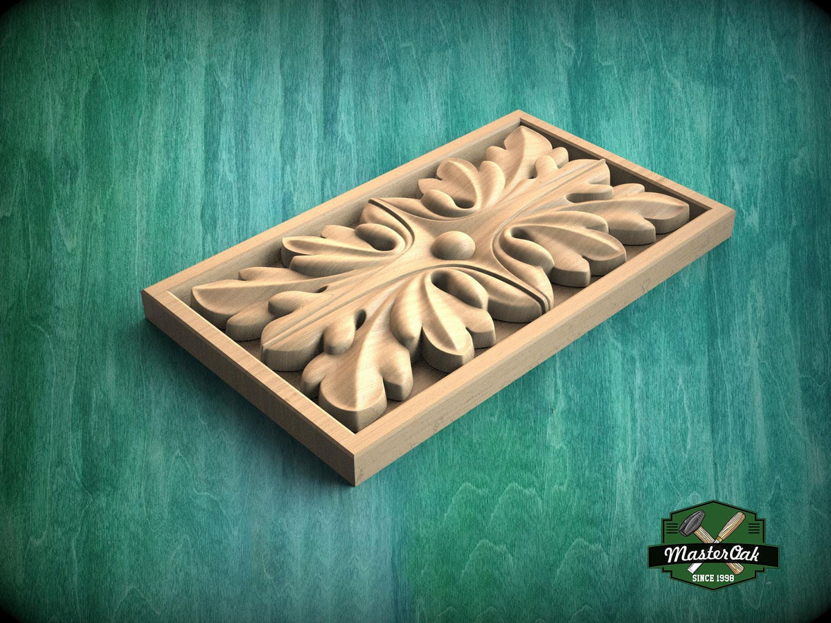 Rectangular Rosette with Symmetrical Leaf Pattern, Wooden Rosette, 1 piece, Unpainted, Home Wall Embellishments,  Wood onlays