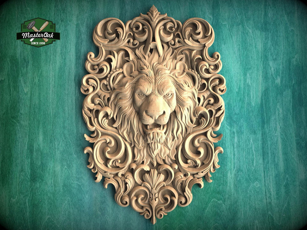 Majestic Carved Lion Head Wood Applique – Baroque Scrollwork Home Accent