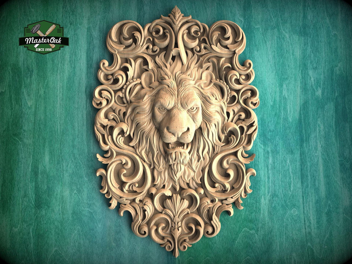 Majestic Carved Lion Head Wood Applique – Baroque Scrollwork Home Accent