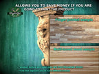 The image is a promotional advertisement for Master Oak, a company that specializes in painting products. It features a wooden carving of a wolf's head and a sample of multi-toned wood, along with text providing information about the products.
