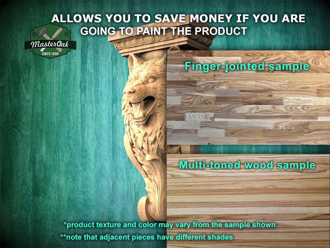 The image is a promotional advertisement for Master Oak, a company that specializes in painting products. It features a wooden carving of a wolf's head and a sample of multi-toned wood, along with text providing information about the products.