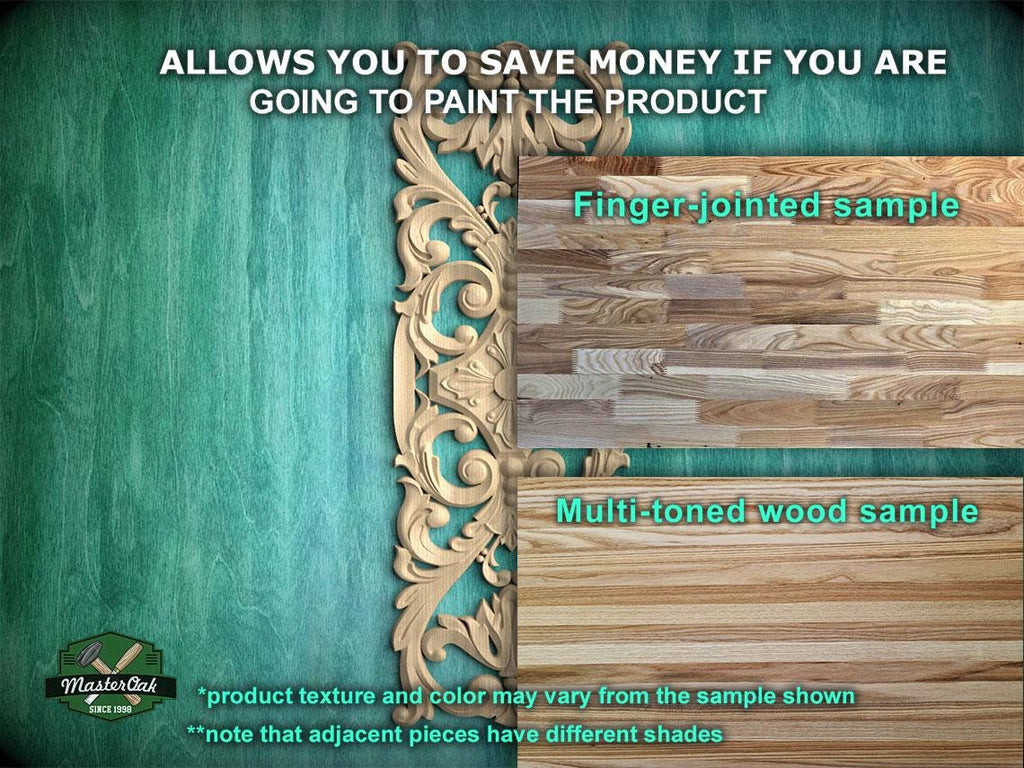 The image is a promotional image for a product, specifically a multi-toned wood sample. It features a close-up of the wood sample, a finger-jointed sample, and a multi-toned wood sample. The text on the image provides information about the product, including that it allows you to save money if you are going to paint the product, and that the product texture and color may vary from the sample shown. The image also mentions that adjacent pieces have different shades.