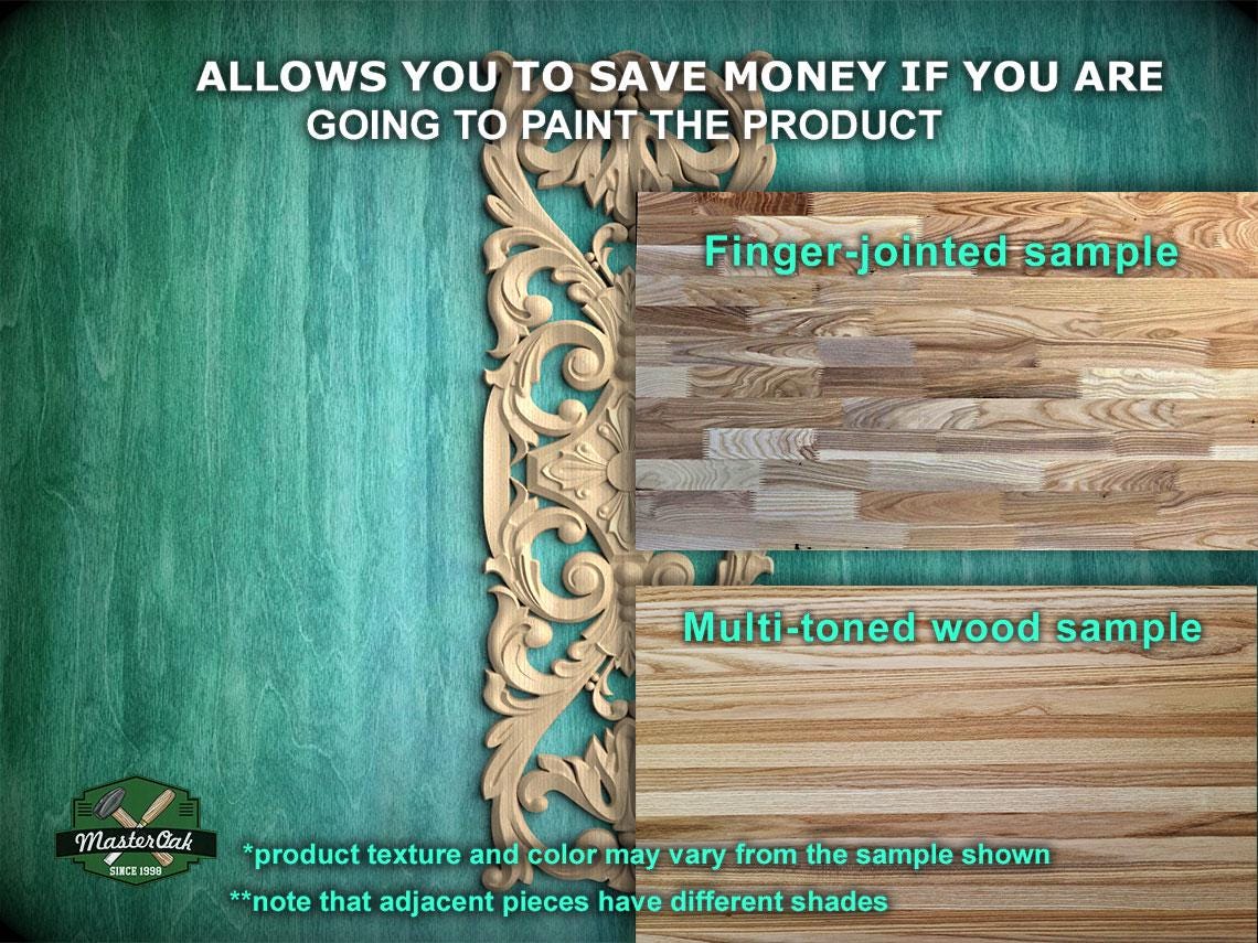 The image is a promotional image for a product, specifically a multi-toned wood sample. It features a close-up of the wood sample, a finger-jointed sample, and a multi-toned wood sample. The text on the image provides information about the product, including that it allows you to save money if you are going to paint the product, and that the product texture and color may vary from the sample shown. The image also mentions that adjacent pieces have different shades.