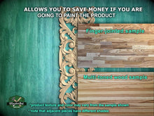 Load image into Gallery viewer, The image is a promotional image for a product, specifically a multi-toned wood sample. It features a close-up of the wood sample, a finger-jointed sample, and a multi-toned wood sample. The text on the image provides information about the product, including that it allows you to save money if you are going to paint the product, and that the product texture and color may vary from the sample shown. The image also mentions that adjacent pieces have different shades.
