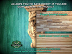The image is a promotional advertisement for a product, featuring a wooden carving of a dragon and a sample of multi-toned wood. The text on the image provides information about the product, including the cost of painting the product and the different shades of the multi-toned wood sample.
