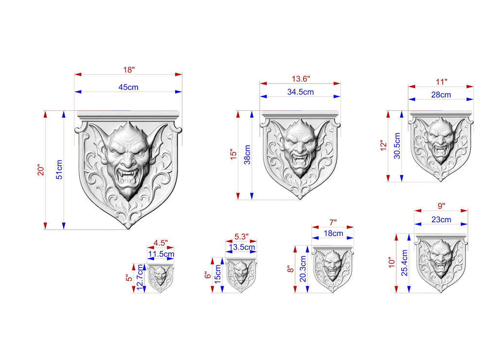 Gothic Grotesque Corbel – Vampire Gargoyle Mask on Heraldic Shield, Medieval Gothic Revival Decor, 1pc, Unpainted