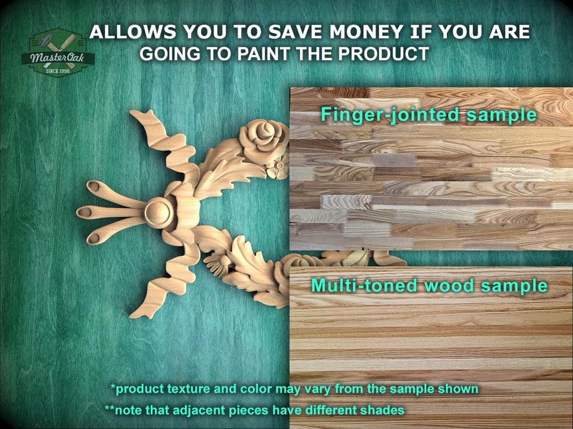 The image is a promotional advertisement for Master Oak, a company that specializes in painting wooden products. It features a close-up of a wooden sample with a finger-jointed design and a multi-toned wood sample, along with text that provides information about the products.
