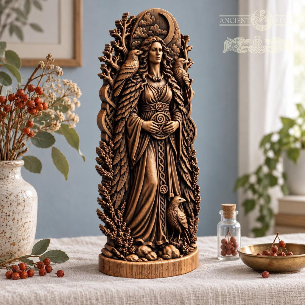 Morrigan Raven Queen Figurine, Celtic War Goddess Statue, Wooden Irish Deity, Dark Pagan Altar Decor, Witchcraft Gift