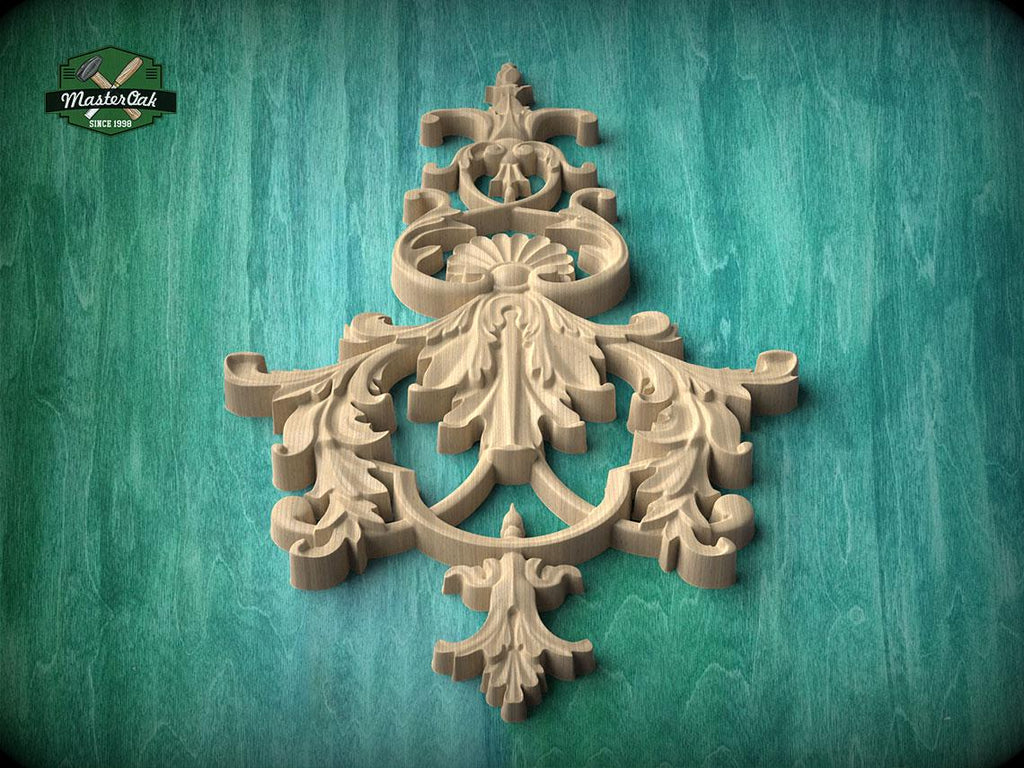 a beautifully carved wooden piece with intricate designs, set against a green background.