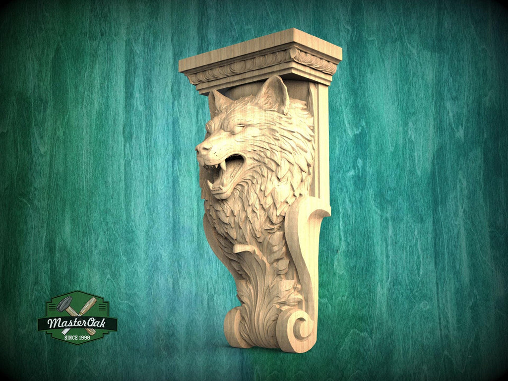 A carved wooden sculpture of a wolf's head is displayed against a green background.