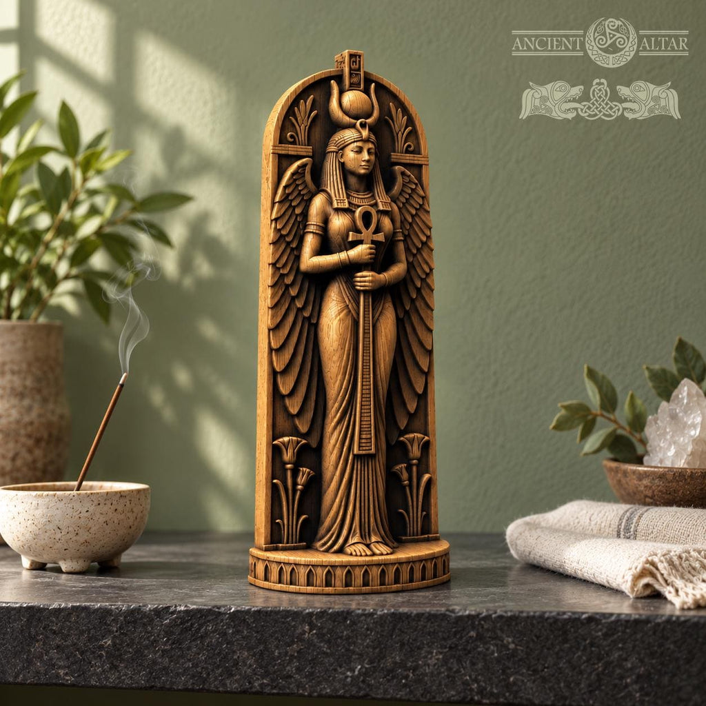 Isis Statue with Ankh, Winged Egyptian Goddess in Oak Wood, Pagan Altar Sculpture, Ancient Egypt Decor, Mythology Gift