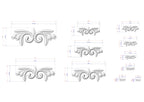 a collection of various sizes of decorative scrollwork designs, each accompanied by its own set of measurements. The designs are depicted in a white color, and the accompanying text provides the dimensions of each design in centimeters.