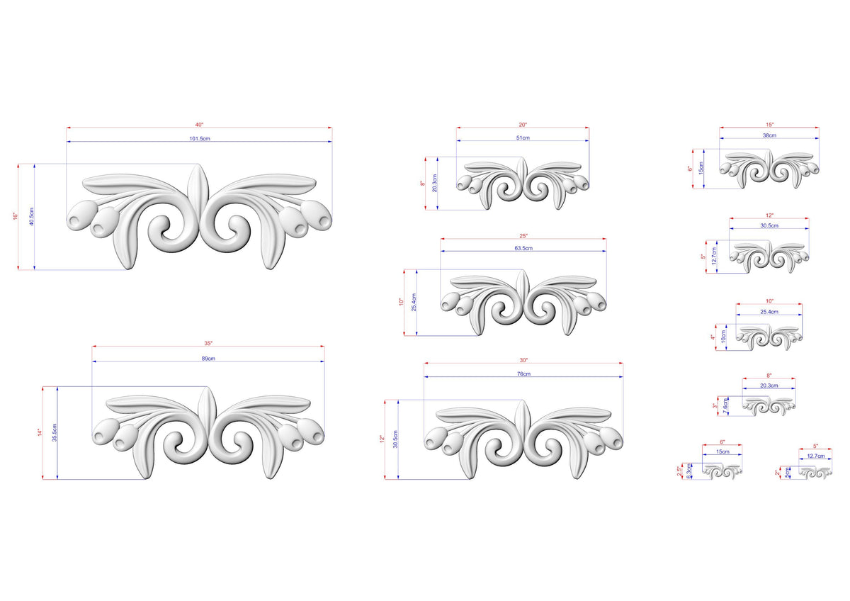 a collection of various sizes of decorative scrollwork designs, each accompanied by its own set of measurements. The designs are depicted in a white color, and the accompanying text provides the dimensions of each design in centimeters.
