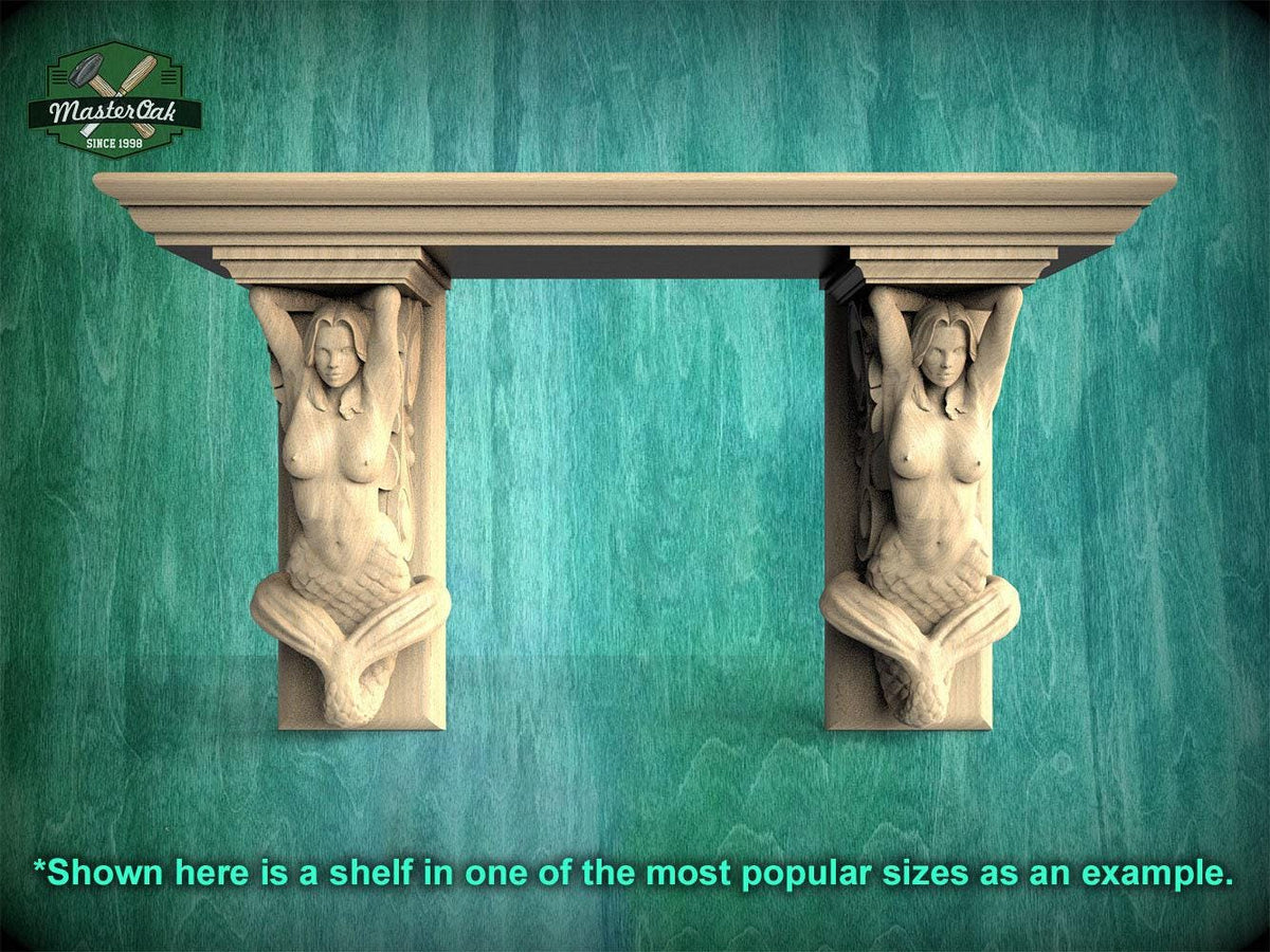 Elegant Carved Wooden Shelf with Mermaid Corbels - Custom Sizes Available, 1 pc, Unpainted, Unassembled, Mantel with corbels, Floating Shelf