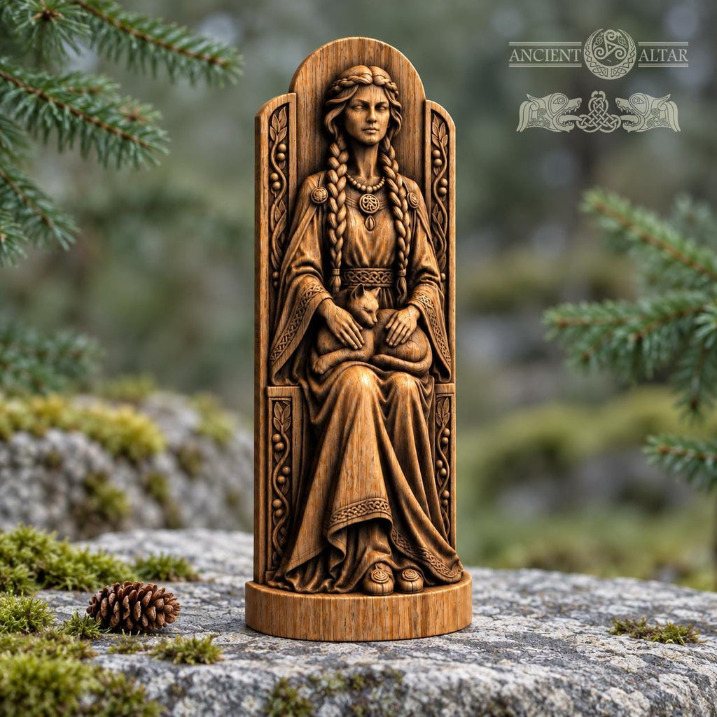 Freya Cat Altar Statue, Oak Norse Mythology Sculpture, Seated Scandinavian Goddess, Viking Witch Decor, Nordic Pagan Gift