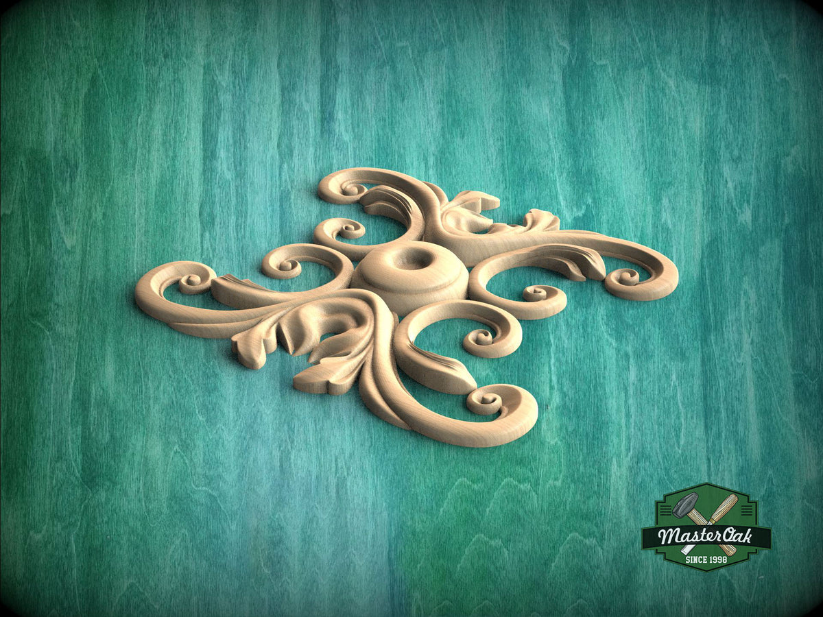 A decorative wooden carving in the shape of a flower or leaf, placed on a green textured background.