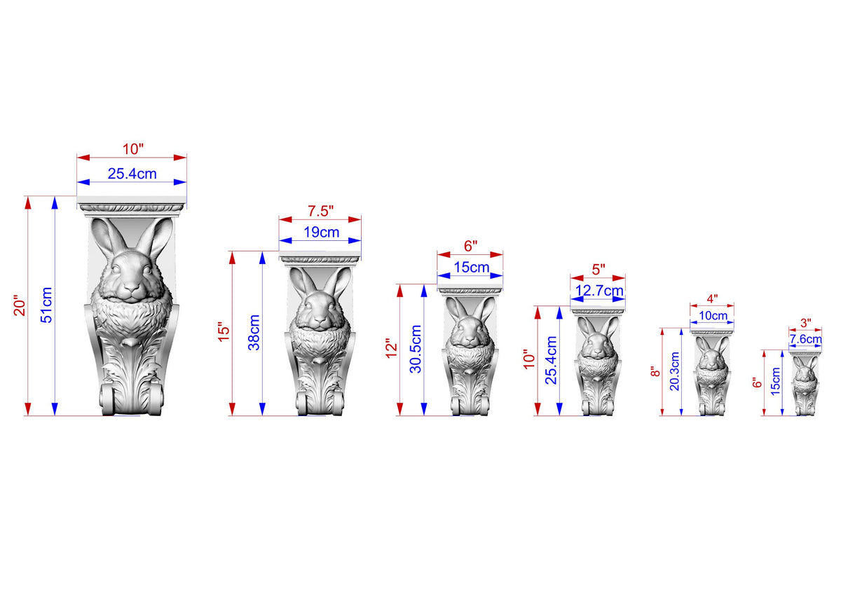 A series of six rabbit sculptures, each with a unique size and height, along with their corresponding measurements.