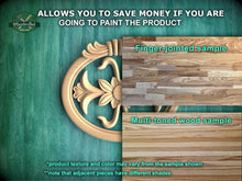 Load image into Gallery viewer, The image is a promotional advertisement for Master Oak, a company that specializes in painting wooden products. It features a close-up of a wooden sample with a detailed design, along with a sample of multi-toned wood and a sample of a finger-joined sample. The text on the image provides information about the product, including the cost of painting the product and the different shades of the wood samples.
