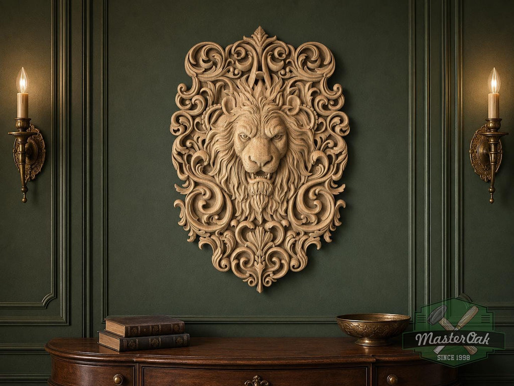 Majestic Carved Lion Head Wood Applique – Baroque Scrollwork Home Accent