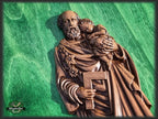 St. Joseph Holding Baby Jesus Wooden Sculpture, Catholic Religious Statue