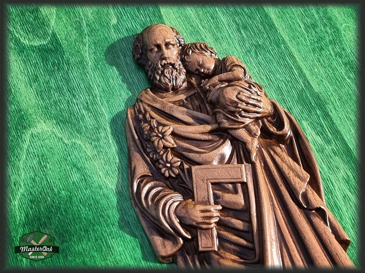 St. Joseph Holding Baby Jesus Wooden Sculpture, Catholic Religious Statue