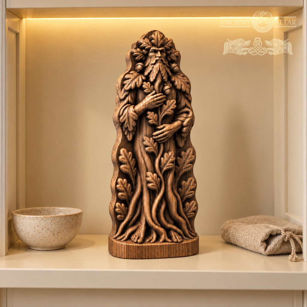 Green Man Tree Guardian Statue, Oak Wood Woodland Spirit, Leaf Crown and Root Sculpture, Pagan Altar Decor, Forest Lover Gift