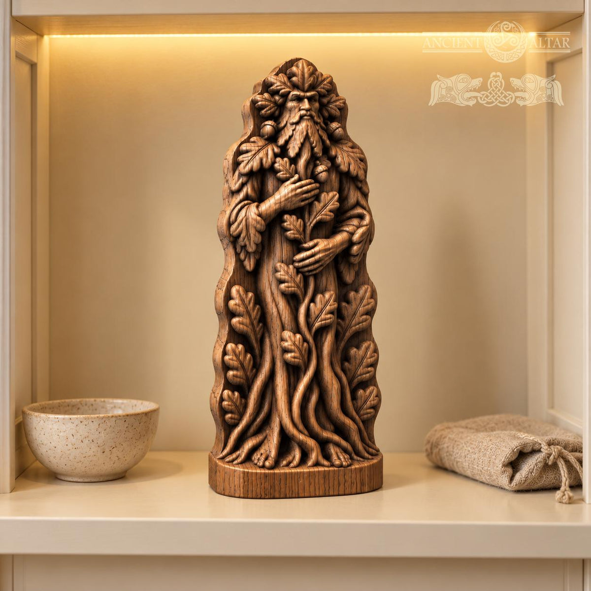Green Man Tree Guardian Statue, Oak Wood Woodland Spirit, Leaf Crown and Root Sculpture, Pagan Altar Decor, Forest Lover Gift