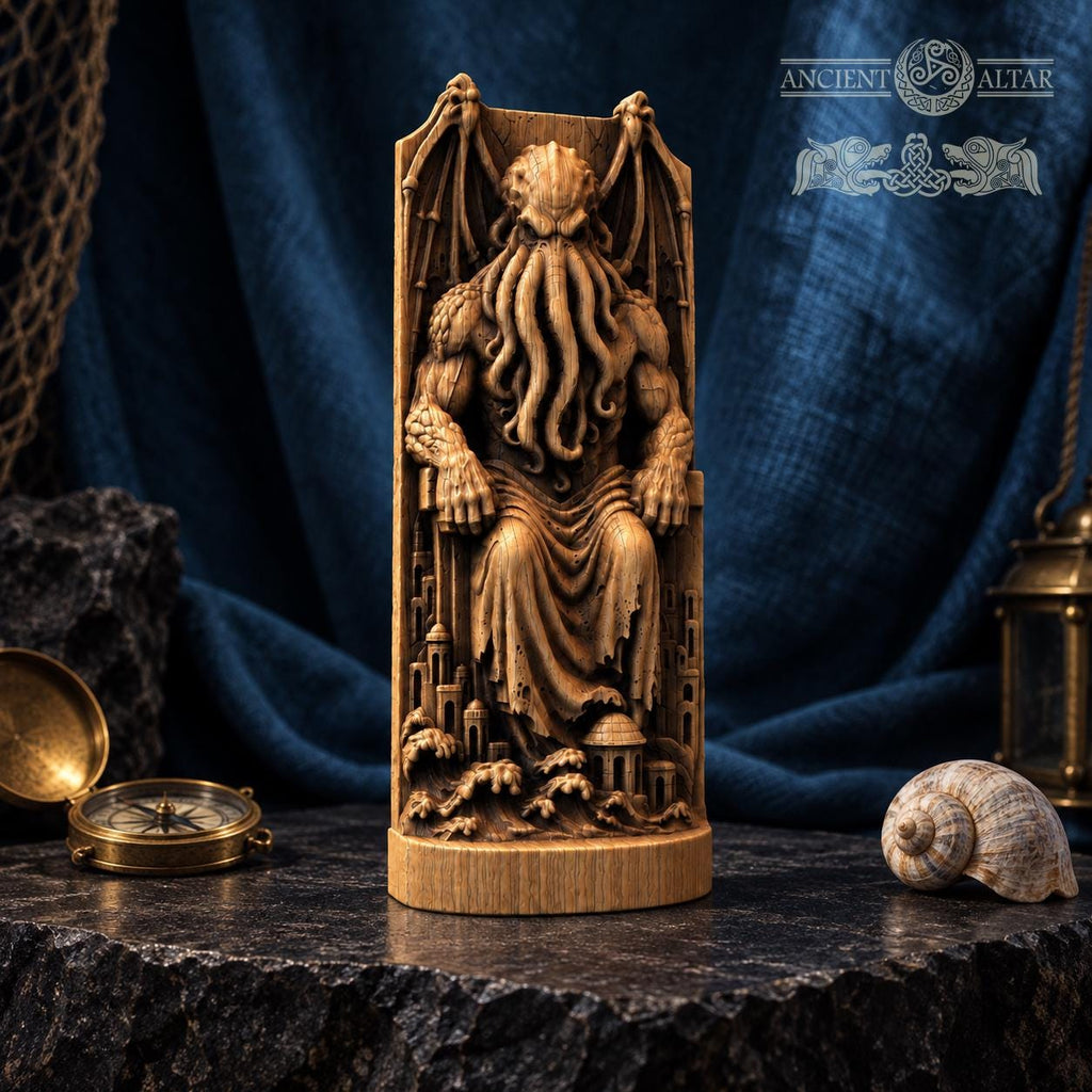 Cthulhu Throne Statue, Wooden Lovecraftian Monster Figurine, R’lyeh Cosmic Horror Decor, Gothic Altar Sculpture, Dark Fantasy Gift